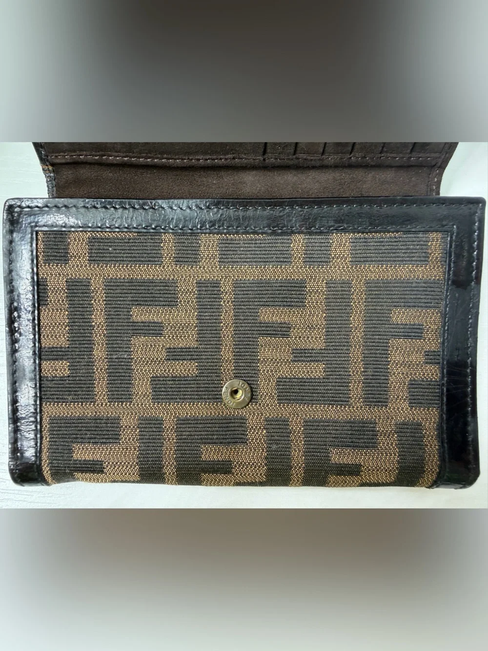 Fendi Brown Zucca Canvas Trifold Wallet w/ Suede Interior